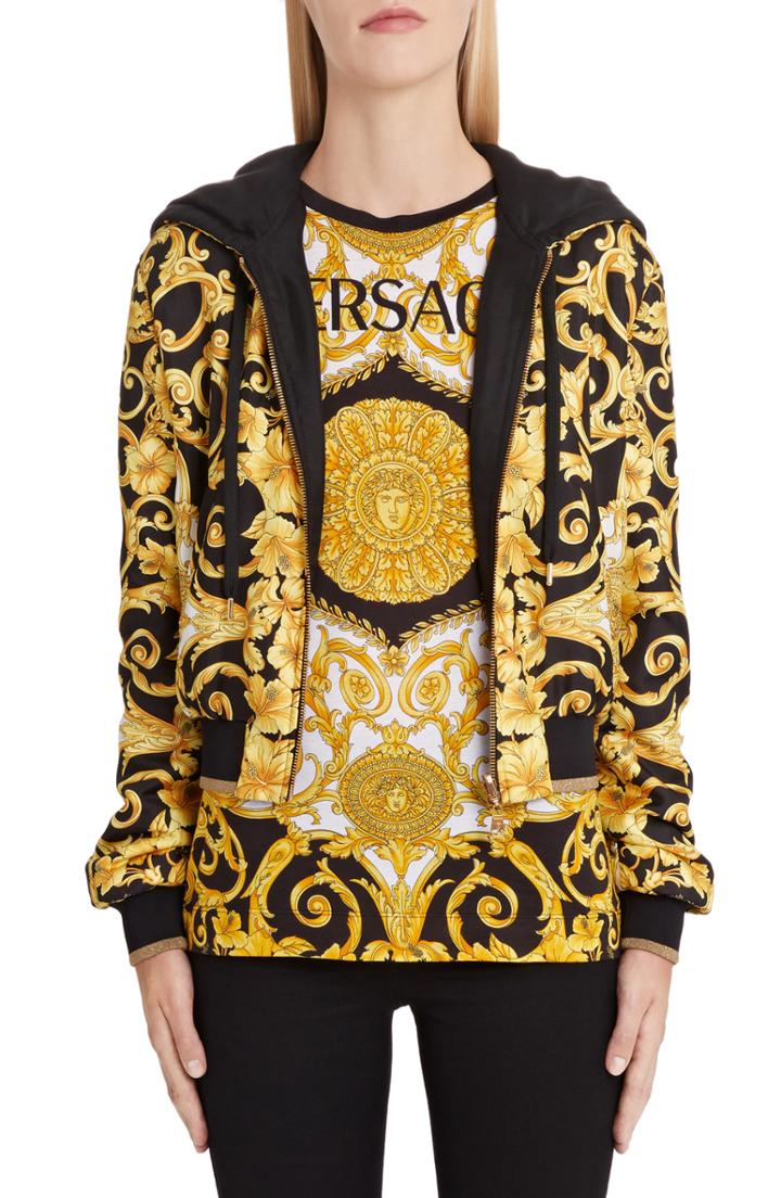 Women's Versace First Line Reversible Hibiscus Print Zip Hoodie