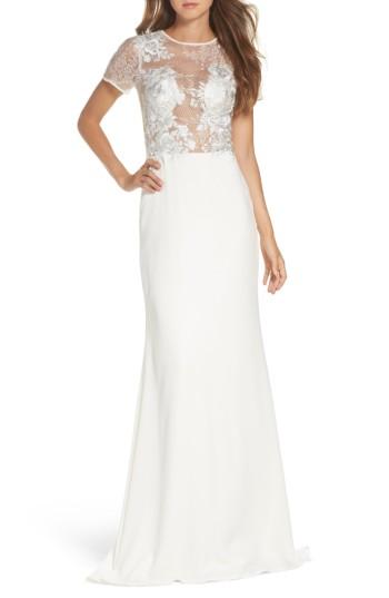 Women's Tadashi Shoji Floral Mesh Top Trumpet Gown - Ivory