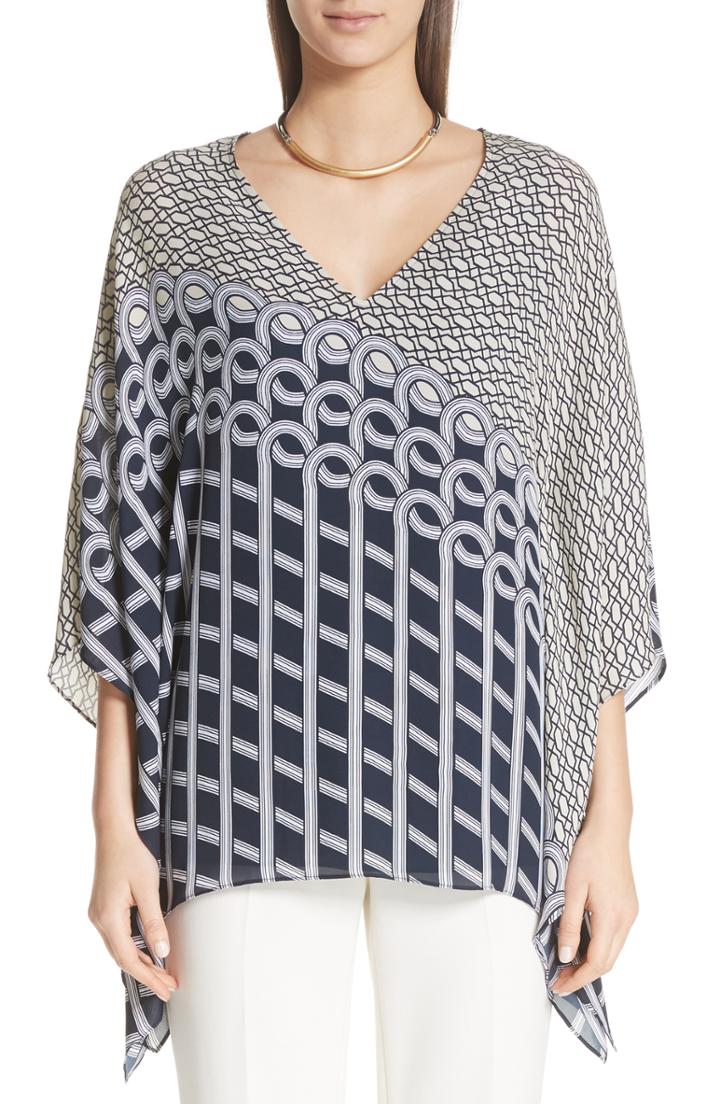Women's St. John Collection Chain Swirl Print Silk Georgette Top, Size - Blue