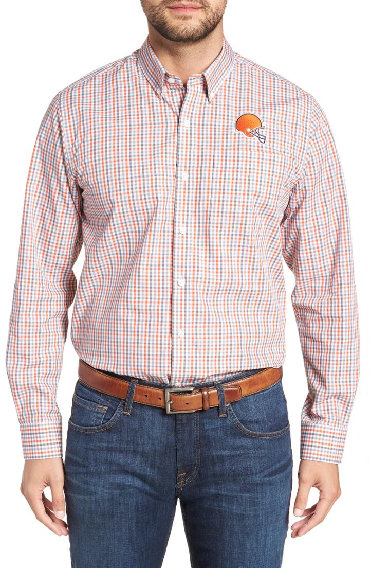 Men's Cutter & Buck Cleveland Browns - Gilman Regular Fit Plaid Sport Shirt, Size - Orange