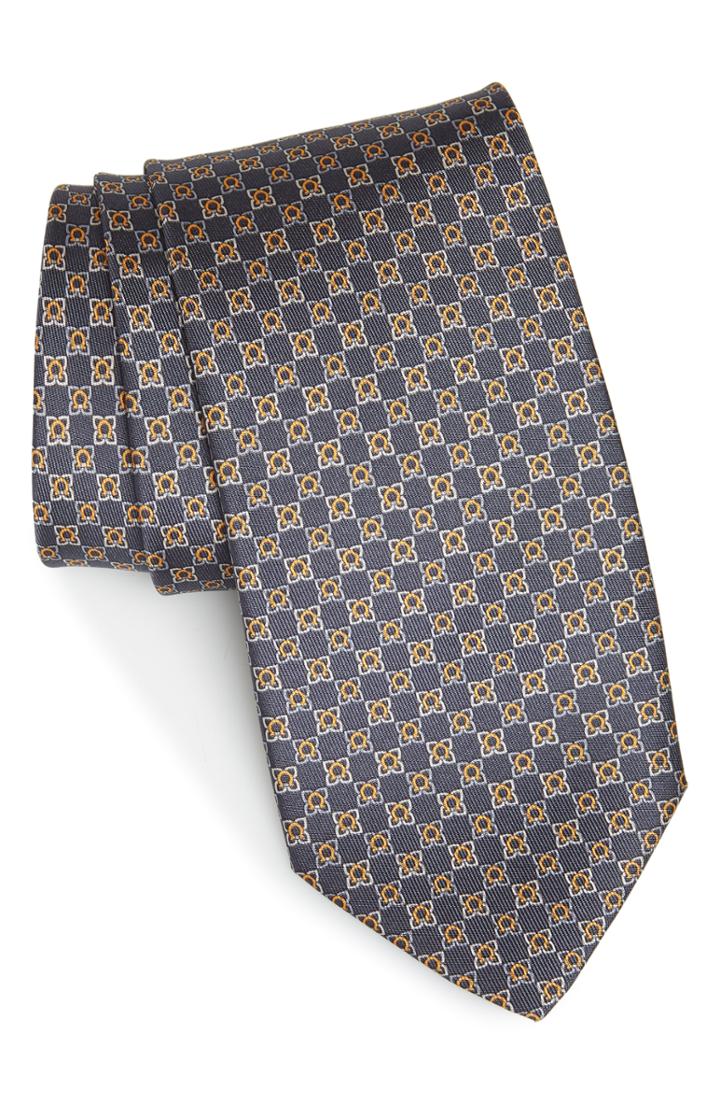 Men's Salvatore Ferragamo Genzian Print Silk Tie, Size - Grey