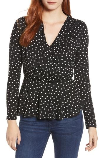 Women's Bobeau Long Sleeve Faux Wrap Knit Top - Black