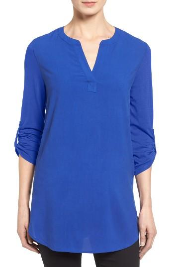 Petite Women's Pleione Split Neck Roll Sleeve Tunic, Size P - Blue