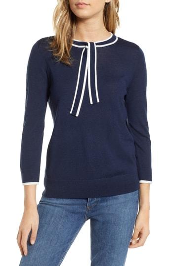Women's 1901 Tipped Tie Neck Wool Blend Sweater - Blue