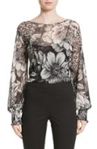 Women's Fuzzi Floral Print Tulle Blouson Top - Black