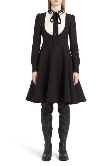 Women's Valentino Bib Front Wool & Silk Dress - Black