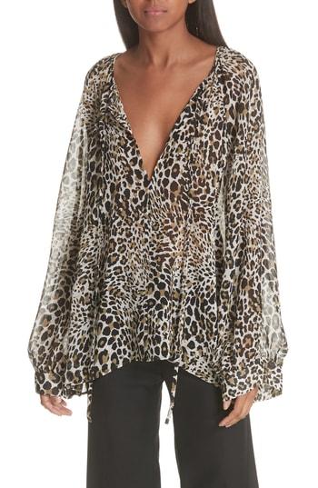 Women's Nili Lotan Acadia Leopard Print Silk Blouse - Brown