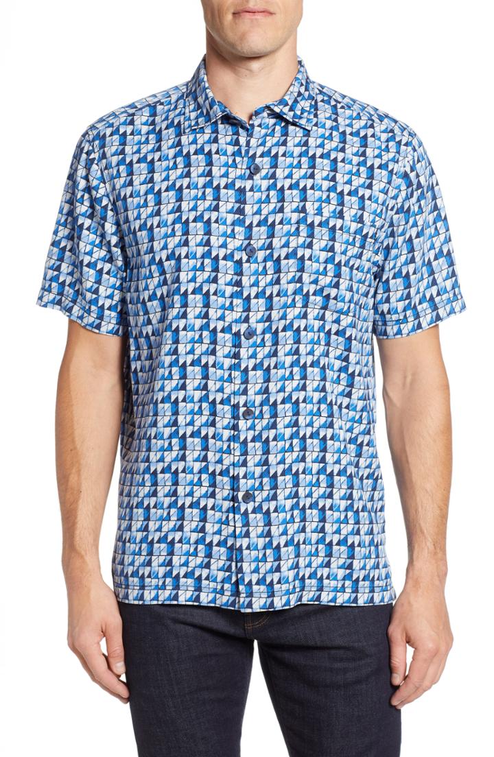 Men's Tommy Bahama Poquito Geo Print Silk Sport Shirt, Size - Blue