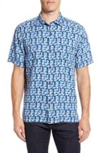 Men's Tommy Bahama Poquito Geo Print Silk Sport Shirt, Size - Blue