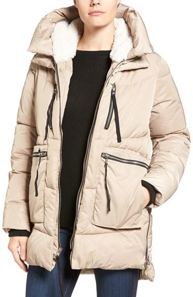 Women's Steve Madden Hooded Puffer Jacket With Faux Shearling Trim - Beige
