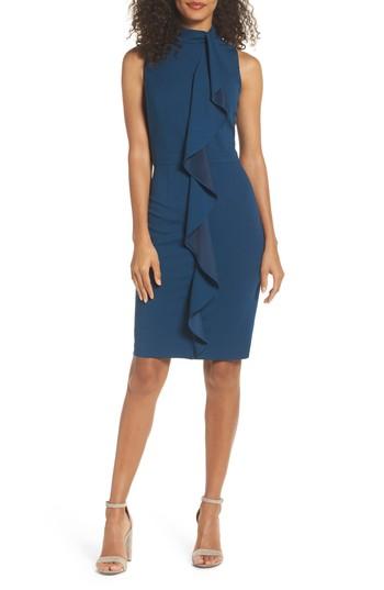 Petite Women's Adrianna Papell Ruffle Sheath Dress P - Blue