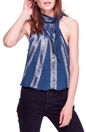 Women's Free People Glitter City Tie Neck Tank - Blue