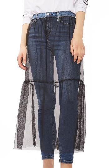 Women's Topshop Jamie Tulle Overlay Skinny Jeans X 30 - Blue