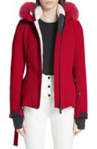 Women's Moncler Bauges Water Repellent Hooded Down Coat With Detachable Genuine Fox Fur Trim - Red