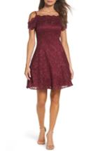 Women's Morgan & Co. Off The Shoulder Lace Fit & Flare Dress /6 - Burgundy