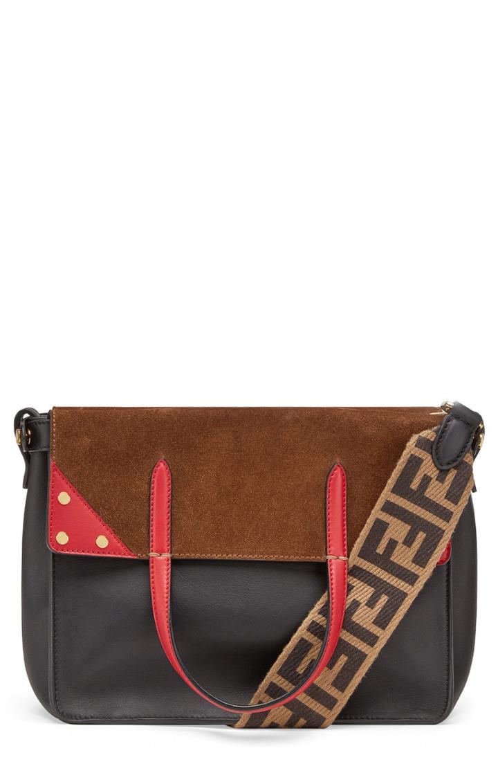 Fendi Flip Leather & Suede Tote - Black