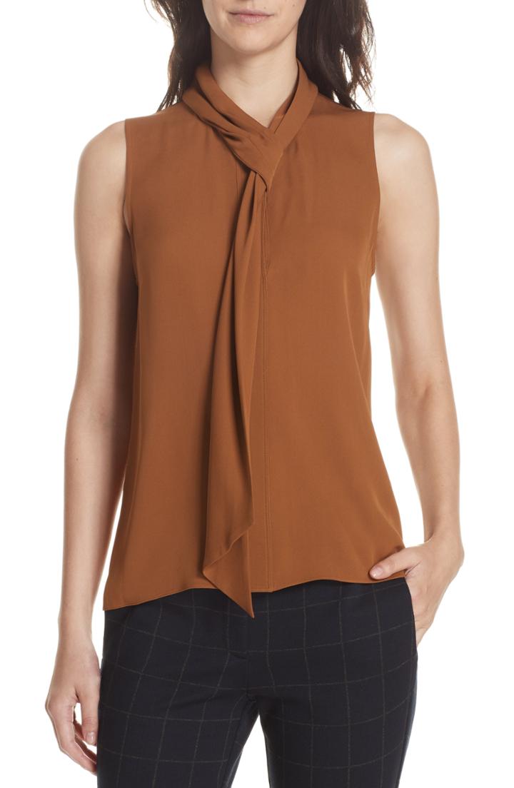 Women's Theory Draped Tie Neck Silk Georgette Shell - Brown