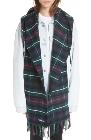 Women's Balenciaga Plaid Wool Hoodie Scarf