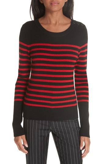 Women's Frame Button Shoulder Stripe Merino Wool Sweater - Black