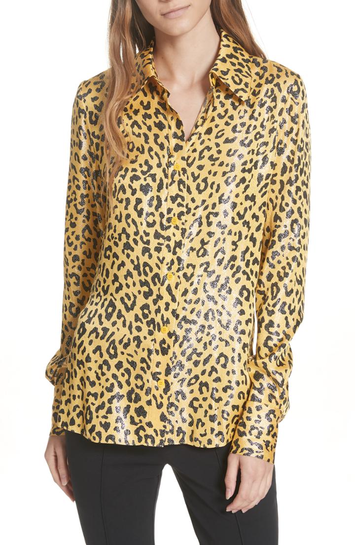 Women's Dvf Leopard Print Silk & Metallic Shirt