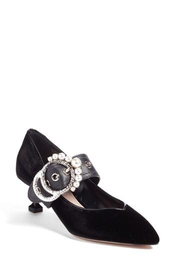 Women's Miu Miu Embellished Buckle Pointy Toe Pump Us / 37eu - Black