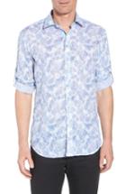 Men's Bugatchi Shaped Fit Leaf Print Linen Sport Shirt - Blue