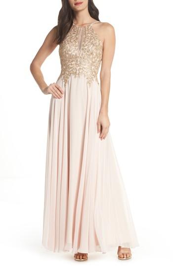 Women's Xscape Embroidered Chiffon Halter Dress - Pink