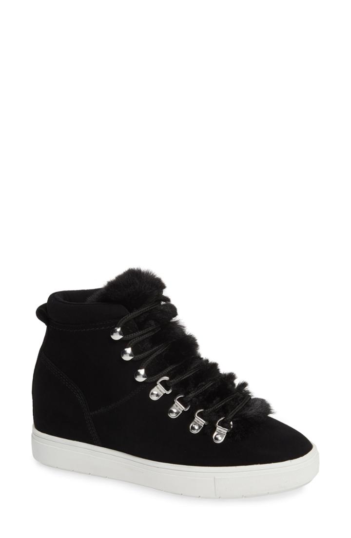 Women's Steven By Steve Madden Kalea-f Hidden Wedge Sneaker With Faux Fur Trim M - Black