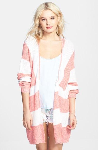 Bp. Stripe Open Front Long Cardigan (juniors) Coral Sugar Beach Stripe