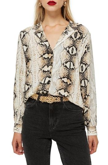 Women's Topshop Jessica Snake Print Shirt Us (fits Like 0) - Black