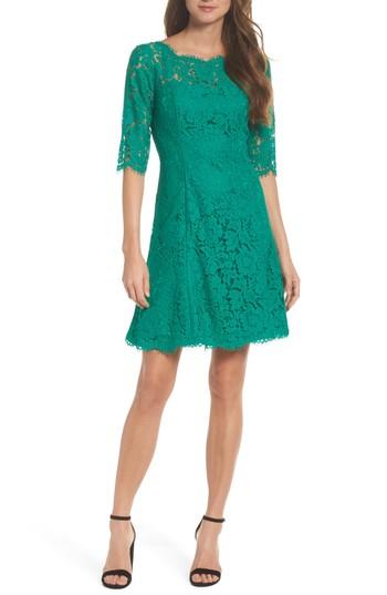 Petite Women's Eliza J Lace Fit & Flare Dress P - Green