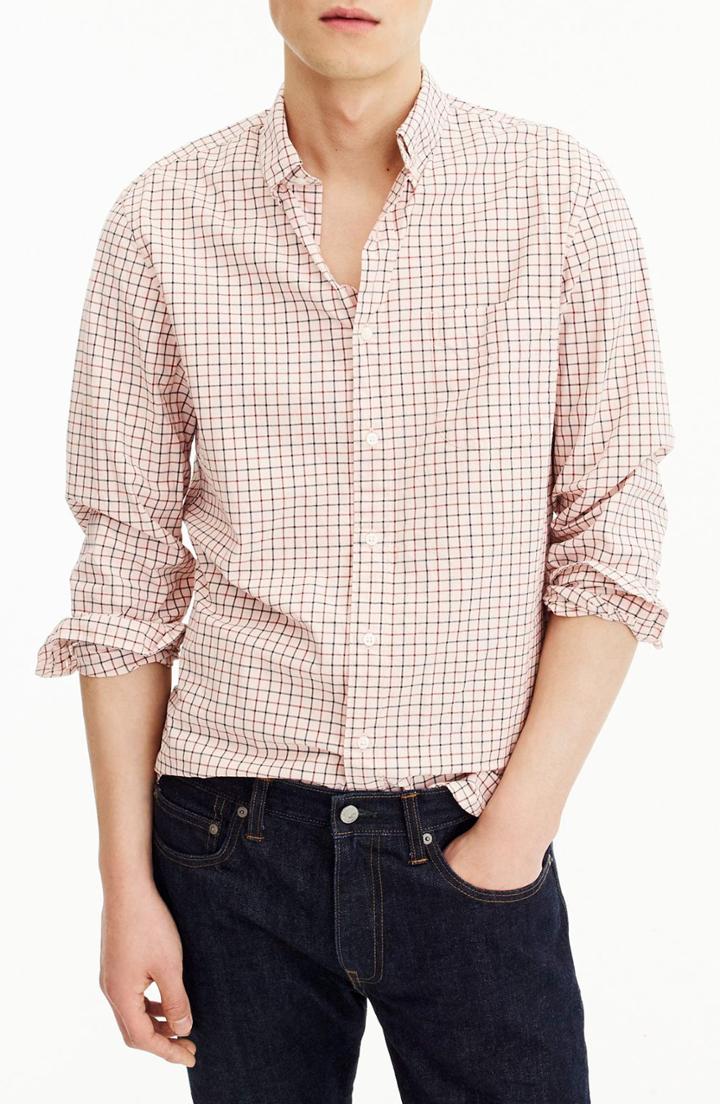 Men's J.crew Slim Fit Stretch Secret Wash Tattersall Sport Shirt, Size - Pink