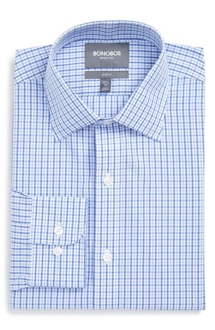 Men's Bonobos Slim Fit Wrinkle Free Check Dress Shirt 36 - Blue