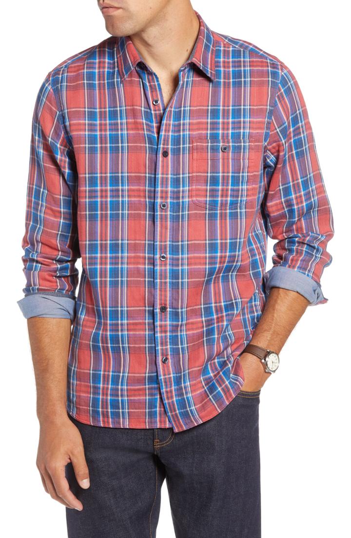 Men's 1901 Trim Fit Plaid Utility Sport Shirt, Size - Coral