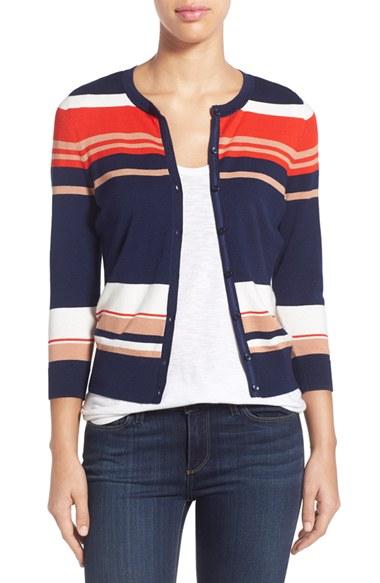 Petite Women's Halogen Three Quarter Sleeve Cardigan, Size P - Blue
