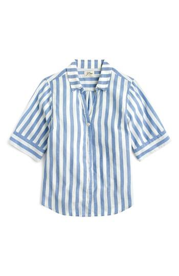 Women's J.crew Wide Stripe Short Sleeve Button-up Shirt, Size - Blue