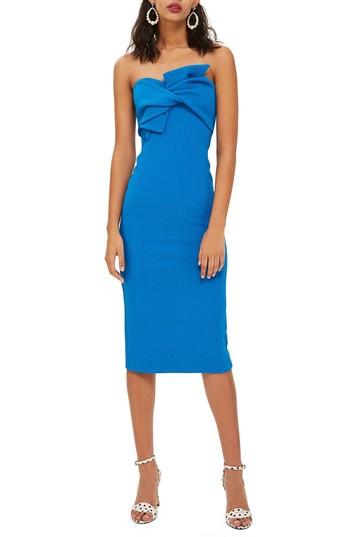 Women's Topshop Bow Twist Textured Midi Dress Us (fits Like 0-2) - Blue