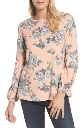 Petite Women's Bobeau Floral Print Balloon Sleeve Sweatshirt P - Grey