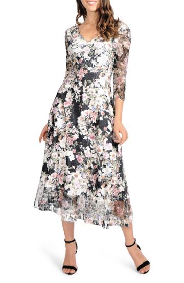 Petite Women's Komarov Lace Sleeve Charmeuse Midi Dress P - Black