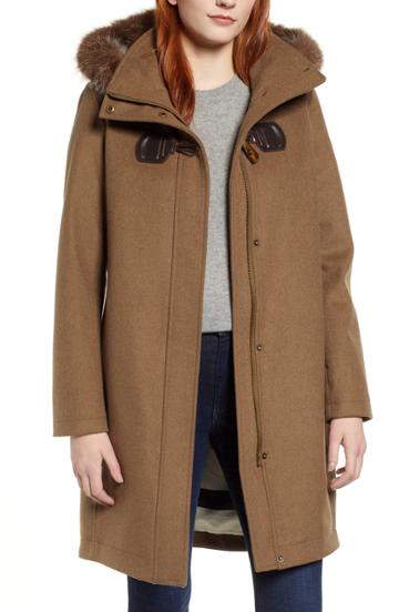 Women's Pendleton St Marie Wool Hooded Coat With Genuine Raccoon Fur Trim - Brown