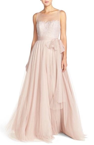 Women's Watters 'lisa' Illusion Yoke Lace & Bobbinet A-line Gown