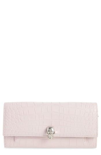 Women's Alexander Mcqueen Skull Croc Embossed Leather Wallet On A Chain - Pink