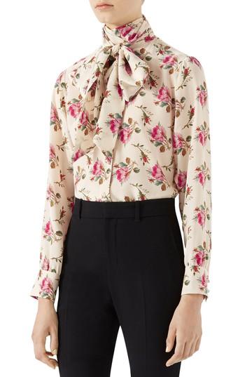 Women's Gucci Rose Print Silk Tie Neck Blouse