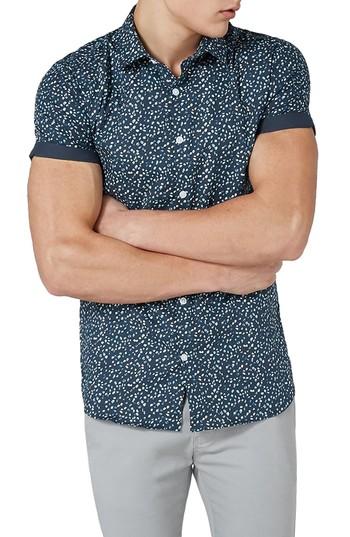 Men's Topman Muscle Fit Marble Print Shirt - Blue