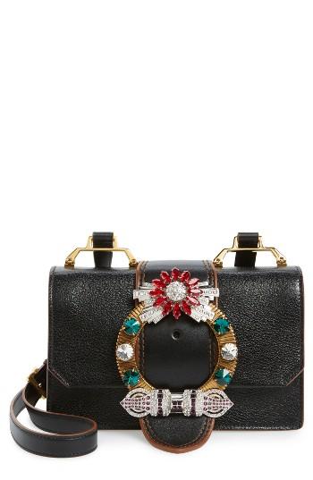 Miu Miu Madras Crystal Embellished Leather Shoulder Bag - Ivory
