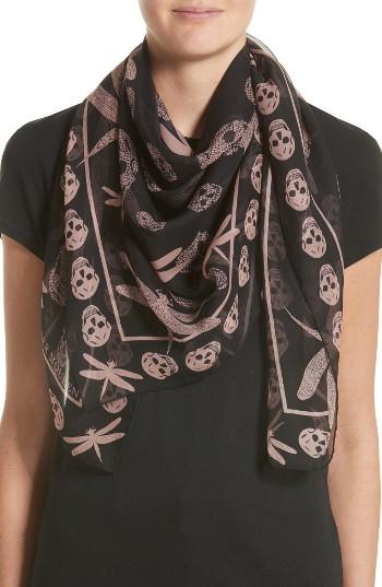 Women's Alexander Mcqueen Graphic Dragonfly Silk Scarf, Size - Black