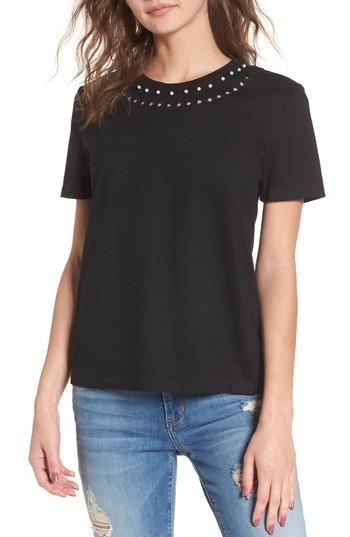 Women's Currently In Love Imitation Pearl Embellished Eyelet Tee - Black