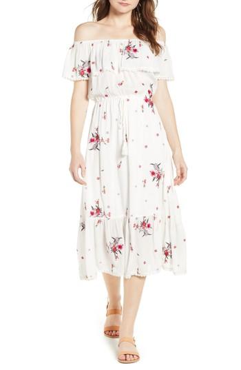 Women's Lost + Wander Senorita Embroidered Off The Shoulder Midi Dress - White