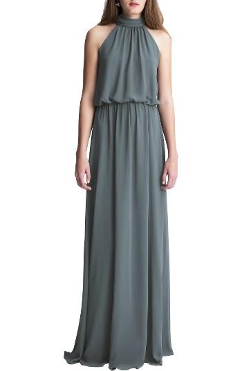 Women's #levkoff High Neck Chiffon A-line Gown - Grey