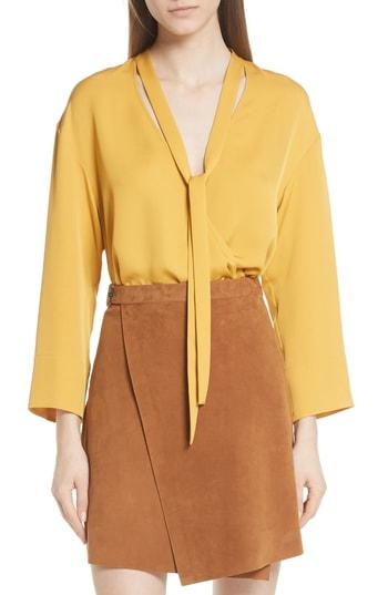 Women's Theory Faux Wrap Silk Blouse, Size - Yellow